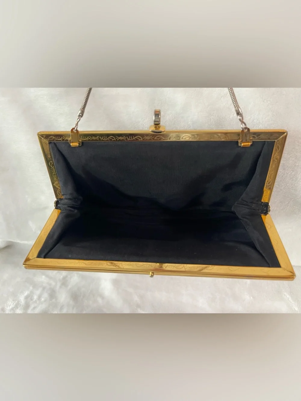 Vintage Etra Genuine leather black clutch hand bag purse gold with filigree
